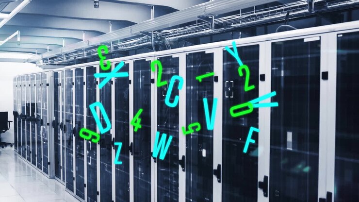 Neon numbers and letters animation over server racks in data center