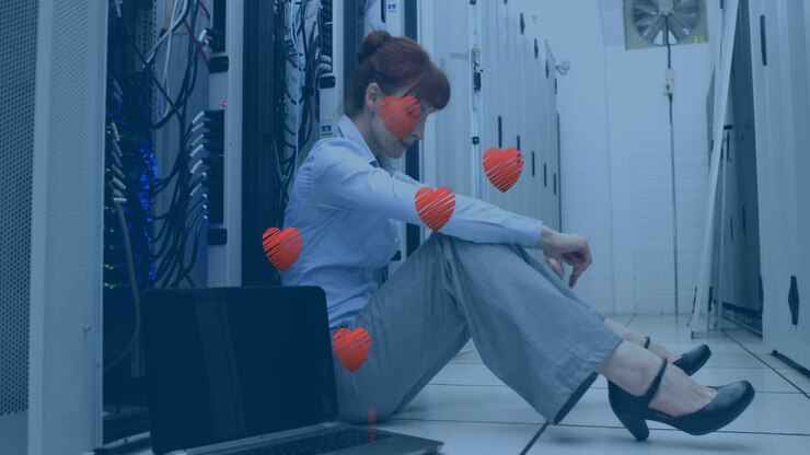 Animation of hearts over caucasian businesswoman in server room