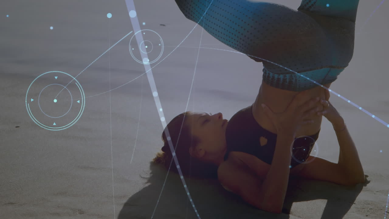 animación de redes de conexiones sobre mujer caucásica practicando yoga en la playa