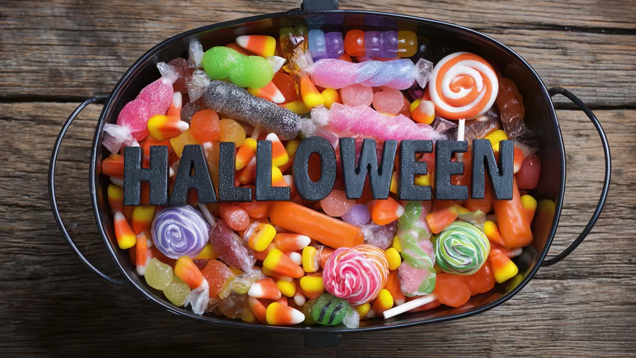 Overhead view of a black bucket full of colorful mixed candies and sweets for a Halloween celebration, including lollipops and candy corn, with the word Halloween on top of the pile