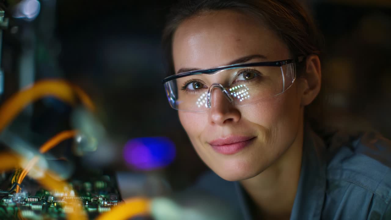 Engaged and Innovative Female Engineer Working with Circuit Boards, Showcasing Her Expertise in Technology and Problem-Solving Skills while Wearing Safety Glasses and Displaying a Confident Smile in a Modern Laboratory Setting