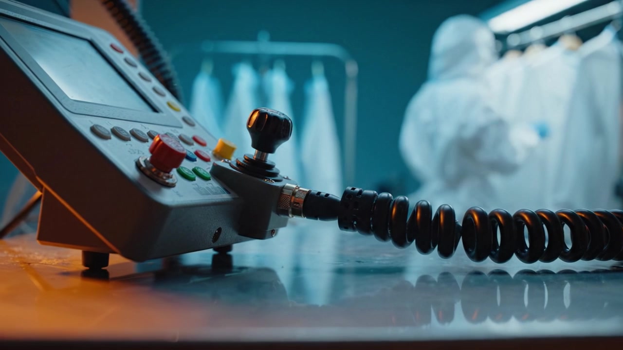 Primo piano di un pannello di controllo con un cavo a spirale in un ambiente di laboratorio sterile, che mostra attrezzature utilizzate per procedure e operazioni mediche o scientifiche.