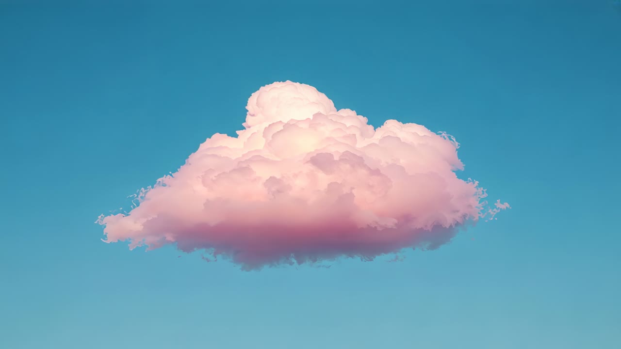 Camera zooming, single billowy cloud expanding and filling deep blue sky, revealing pink highlights