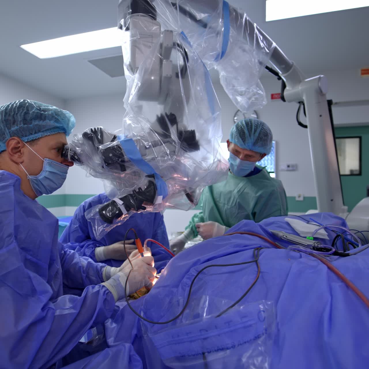 Focused surgeon performing difficult neurosurgical operation. Uniformed doctor looks at microscope to conduct operation