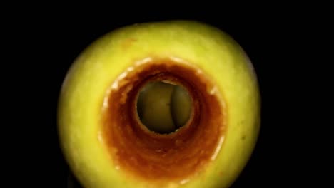 starting inside the interior of an oxidized apple core where glimpse of 3 other apples are shown