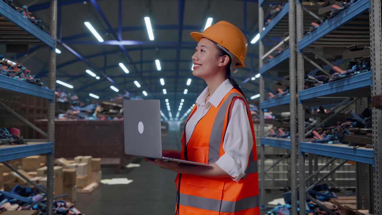 Vista laterale di un'ingegnere asiatica con casco di sicurezza che lavora su un laptop e si guarda intorno mentre è in piedi, in un magazzino industriale di rottami metallici e riciclaggio.