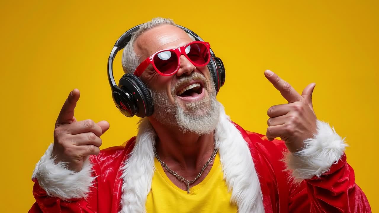 A man in a santa claus outfit with headphones and sunglasses