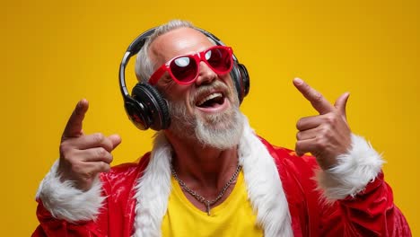 a man in a santa claus outfit with headphones and sunglasses