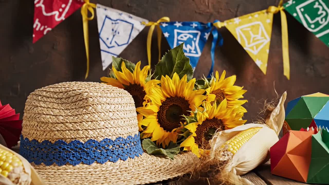Decoraciones de la Festa Junina con sombrero de paja, girasoles y maíz.