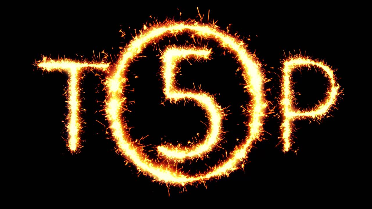 Top 5 text sparkler writing with glitter sparks particles firework on black 4k loop background