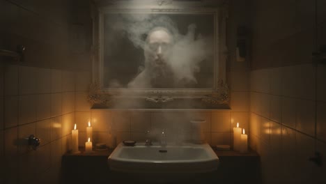 a mysterious reflection: evocative bathroom scene with candles and vapor, capturing an intriguing ambiance and surreal atmosphere
