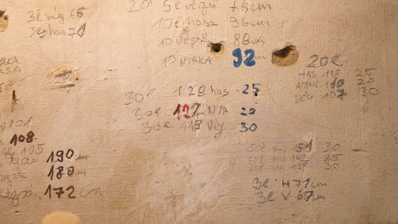 handwritten numbers on the wall in an old workshop