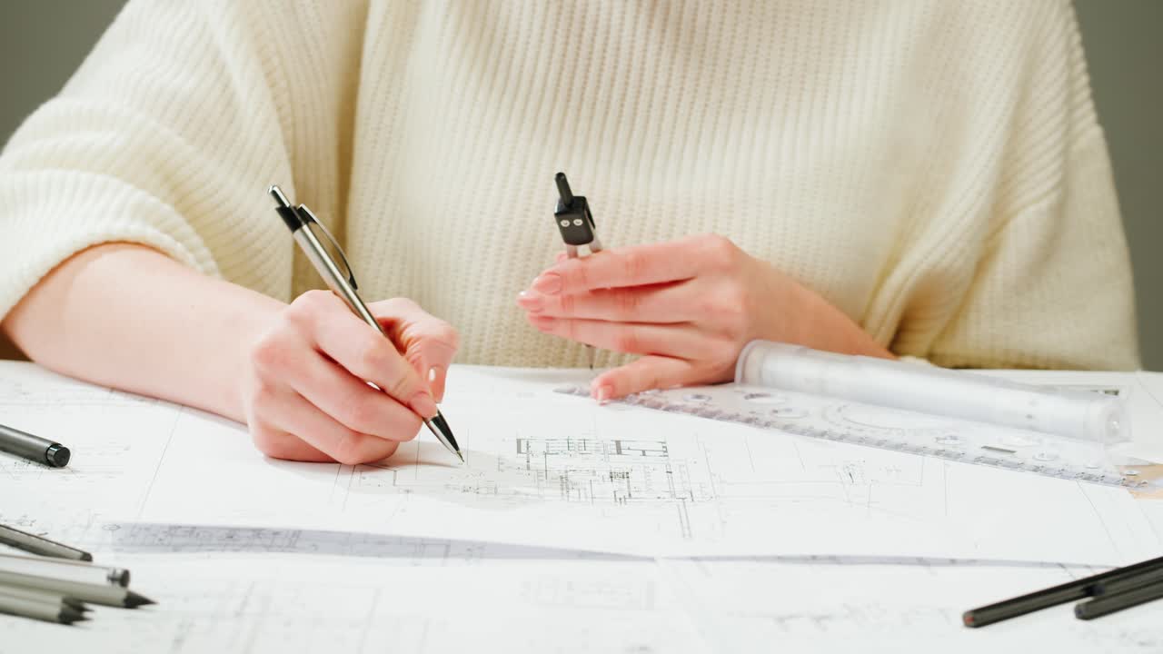 Close-up of Hands Drafting Architectural or Engineering Plans