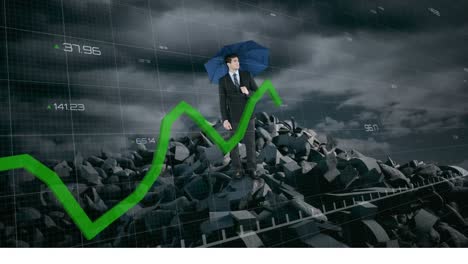 green graphs and arrows moving against businessman holding an umbrella