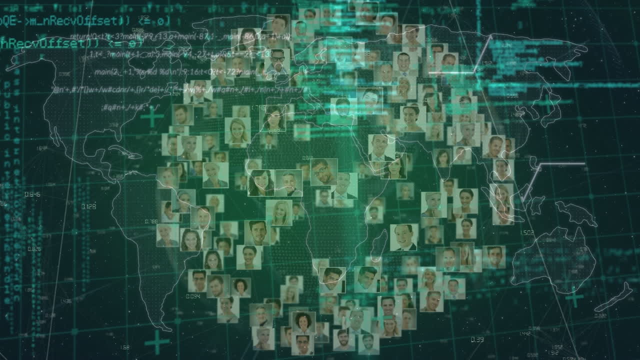 animación de la interfaz infográfica y mapas sobre personas multirraciales fotografías que forman el globo