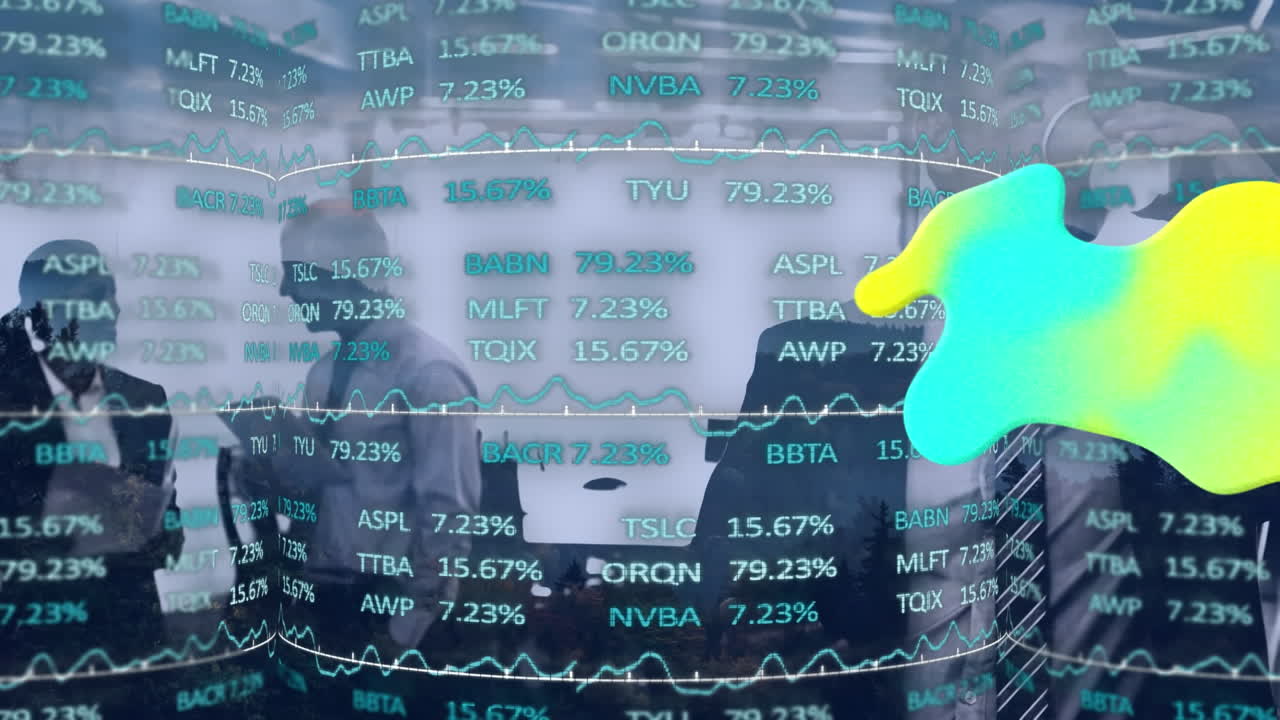 금융 데이터 처리의 애니메이션과 비즈니스 사람들 위에 반 ⁇ 이는 블롭