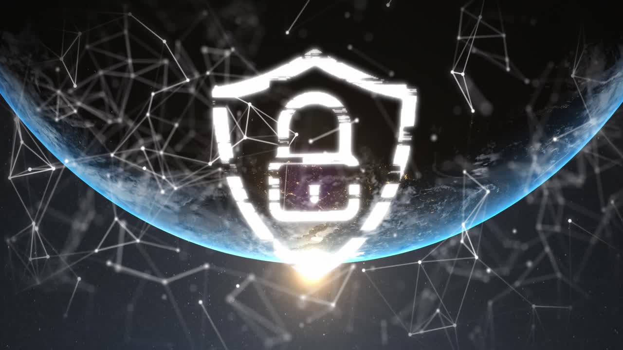 animación del icono del candado de seguridad y la red de conexiones contra el punto de luz y el globo.