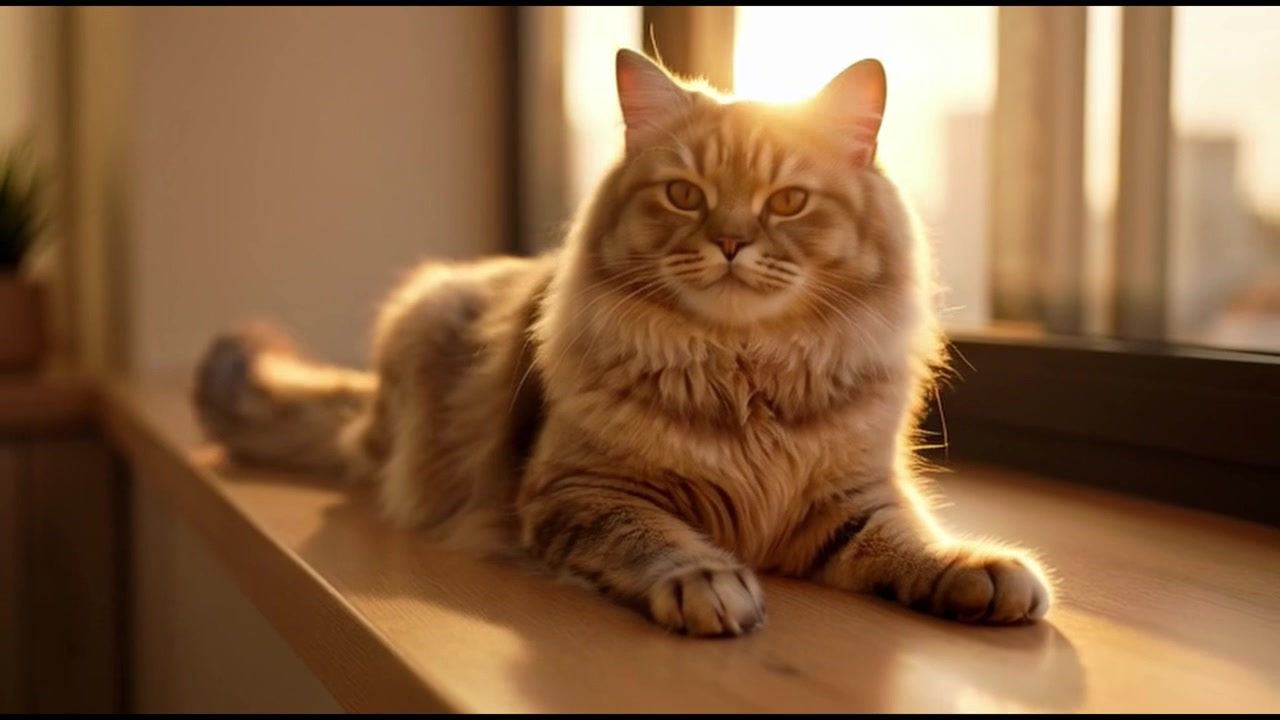 Gatto rosso soffice che riposa sul davanzale della finestra al tramonto