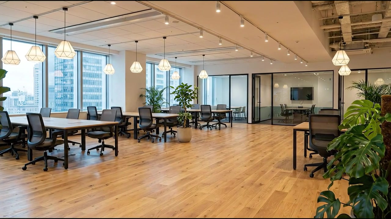 Sunlit open office interior with wooden floor plants and collaborative seating