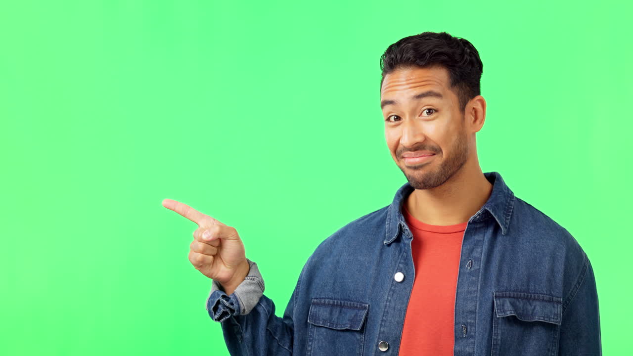 Face, man and hand pointing to green screen studio