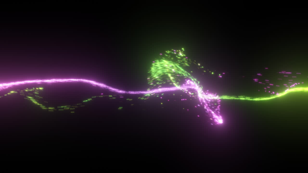 Purple and Green Particle Streams Clashing in Fluid Simulation with Bright Glow on Black Background