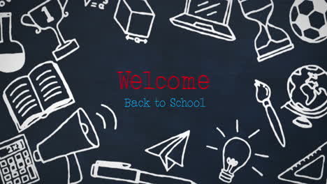 animation of welcome back to school text banner and school concept icons on blue background