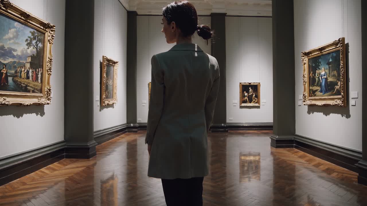 Una donna in una galleria vista di spalle all'altezza degli occhi, circondata da dipinti classici