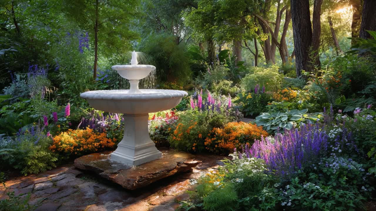A Serene Garden Oasis Featuring a Majestic Fountain Surrounded by Lush, Colorful Blooms at Dusk, Embraced by Nature's Tranquility and Soft Illumination