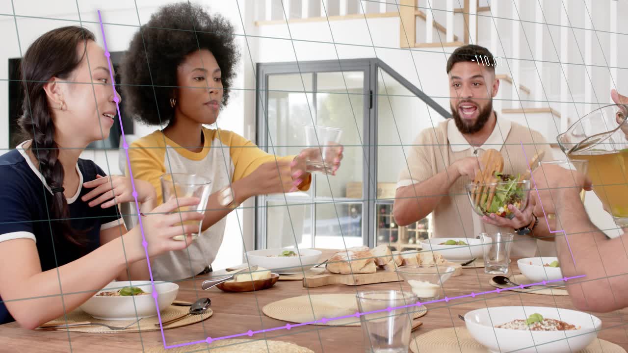 Five people sitting at wood table, food talk sparking motion lines showing hands sharing salad