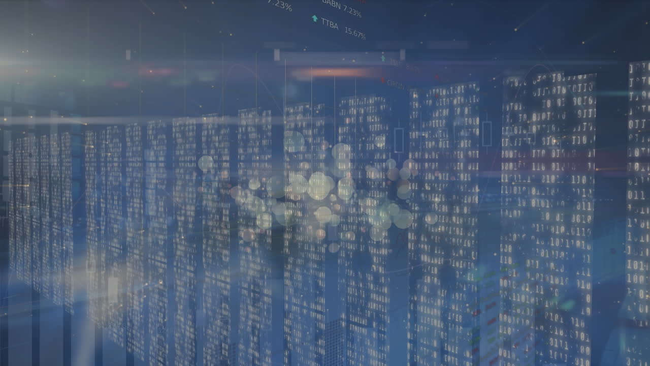Animation of binary codes forming bar graphs and moving lines with stock market data