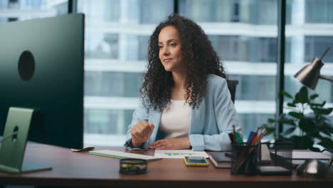 businesswoman have video conference sitting desk company office close up.