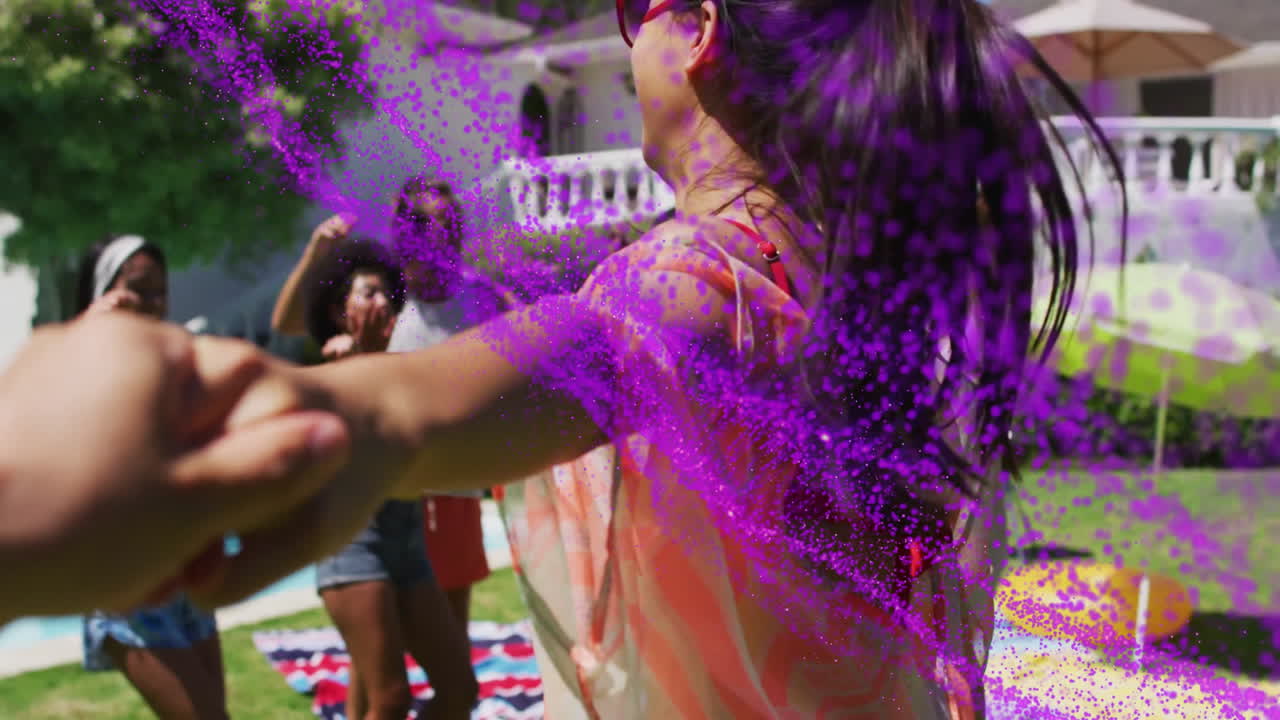 woman leading viewer by hand toward friends on poolside lawn, with business animated purple powder