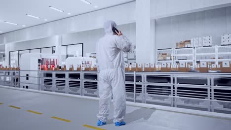 full body back view of asian male scientist talking on smartphone while standing with conveyor for packaging coffee beans in bags at coffee factory