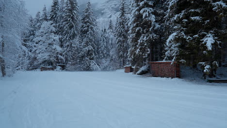 POV-Spaziergang-Im-Verschneiten-Lauterbrunnen,-Schweiz,-Der-Den-Charme-Des-Winters-Mit-Fallendem-Schnee-Und-Majestätischer-Aussicht-Auf-Die-Berge-Im-Tal-Zeigt