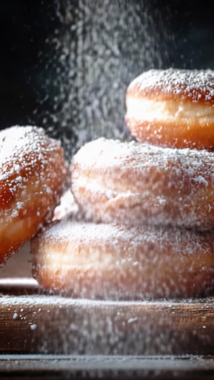 Ciambelle deliziosamente dorate, cosparse di zucchero a velo, immortalate in un'estasi gastronomica, che mostrano la loro consistenza morbida e l'irresistibile dolcezza