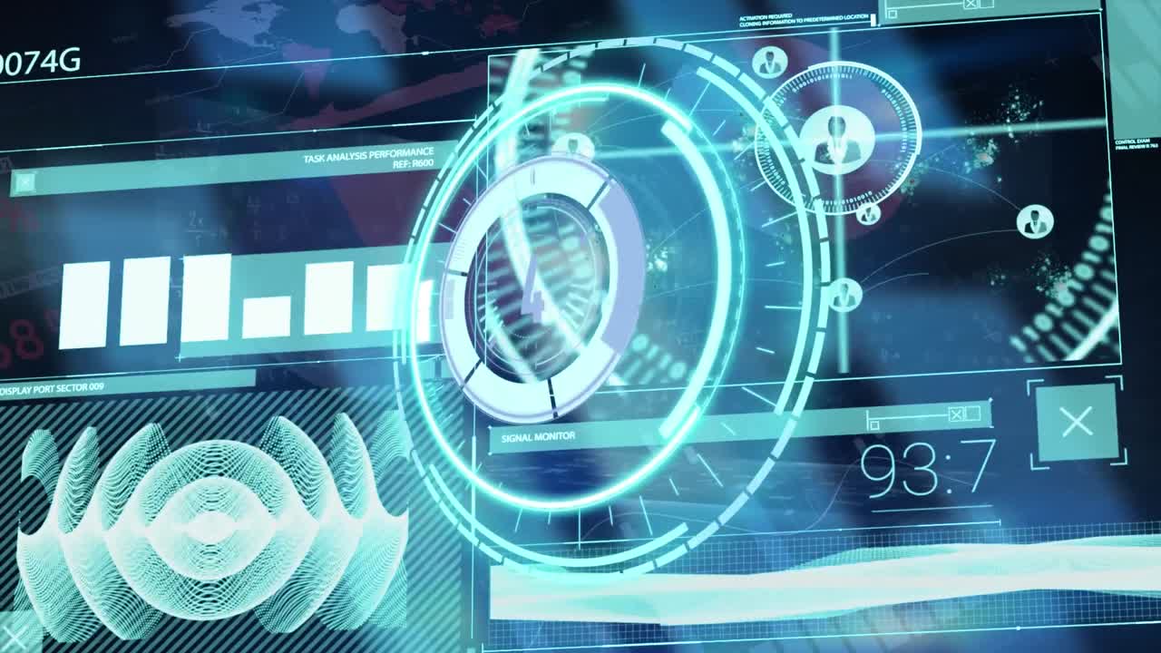 둥근 스캐너를 통해 카운트다운의 애니메이션과 빛의 점에 대한 데이터 처리 인터페이스