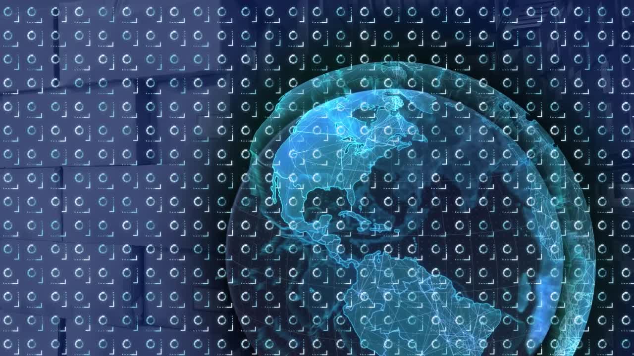 매장 위의 데이터 처리와 함께 지구와 디지털 인터페이스의 애니메이션