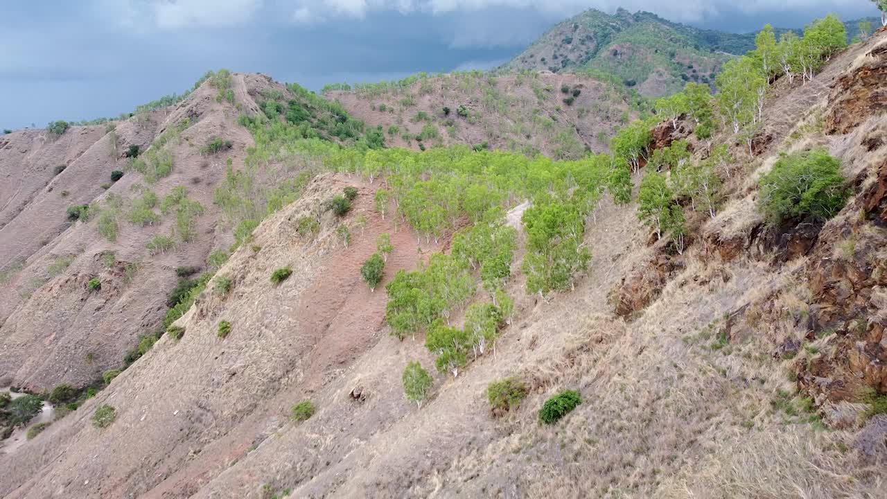 vasta cordillera rocosa con árboles escasos y follaje durante la estación seca en timor leste, sudeste de asia
