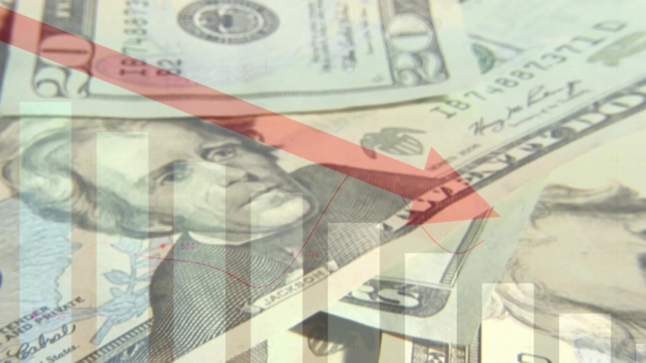 Camera shifting, USD 20 stacks revealing red arrow moving down, bars growing to show decline