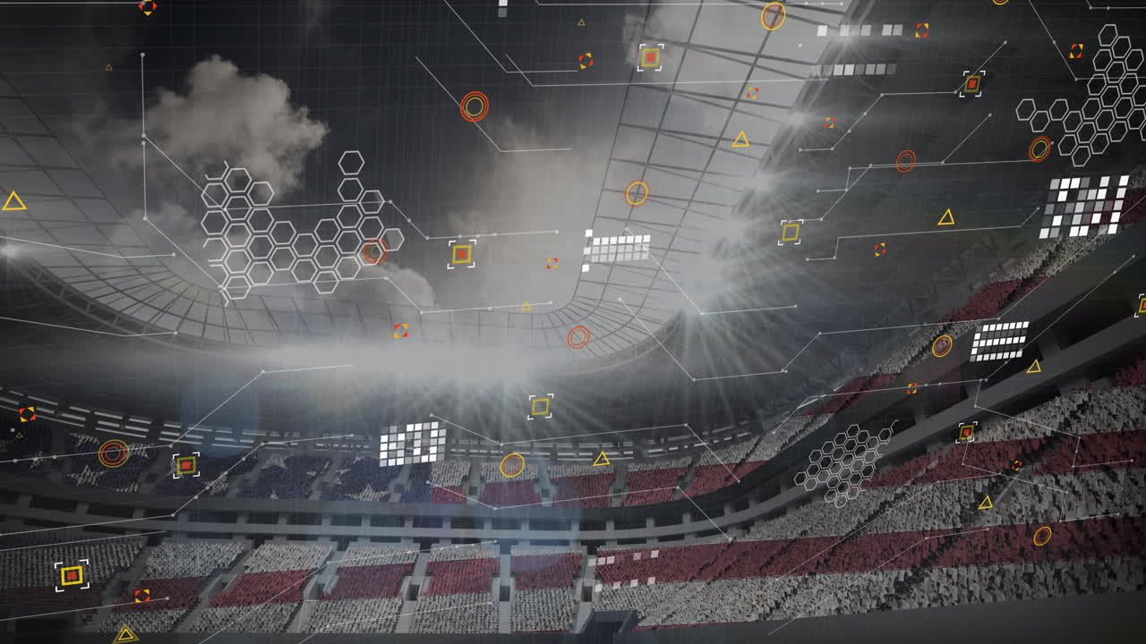 Futuristisk datavisualiseringsanimasjon over et stort stadion med jublende publikum