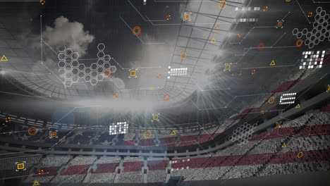 Futuristic data visualization animation over large stadium with cheering crowd