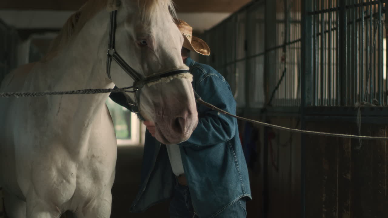 человек ухаживает за лошадью в конюшне