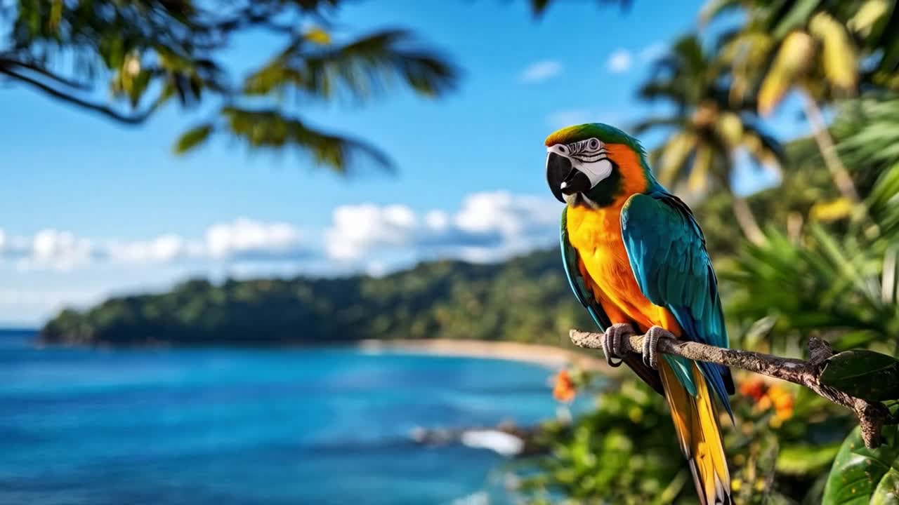 A vibrant macaw parrot perches overlooking a tropical beach and ocean