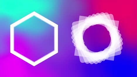 Animation-of-multiple-white-geometric-shapes-spinning-on-seamless-loop-over-vibrant-background
