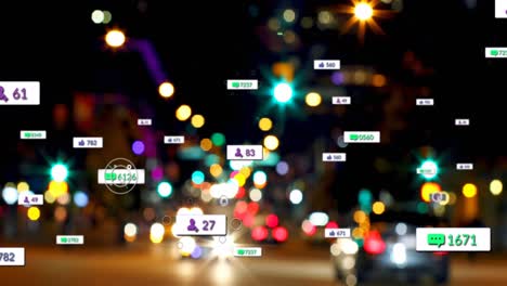 Animation-of-social-media-icons-and-numbers-over-out-of-focus-traffic-lights