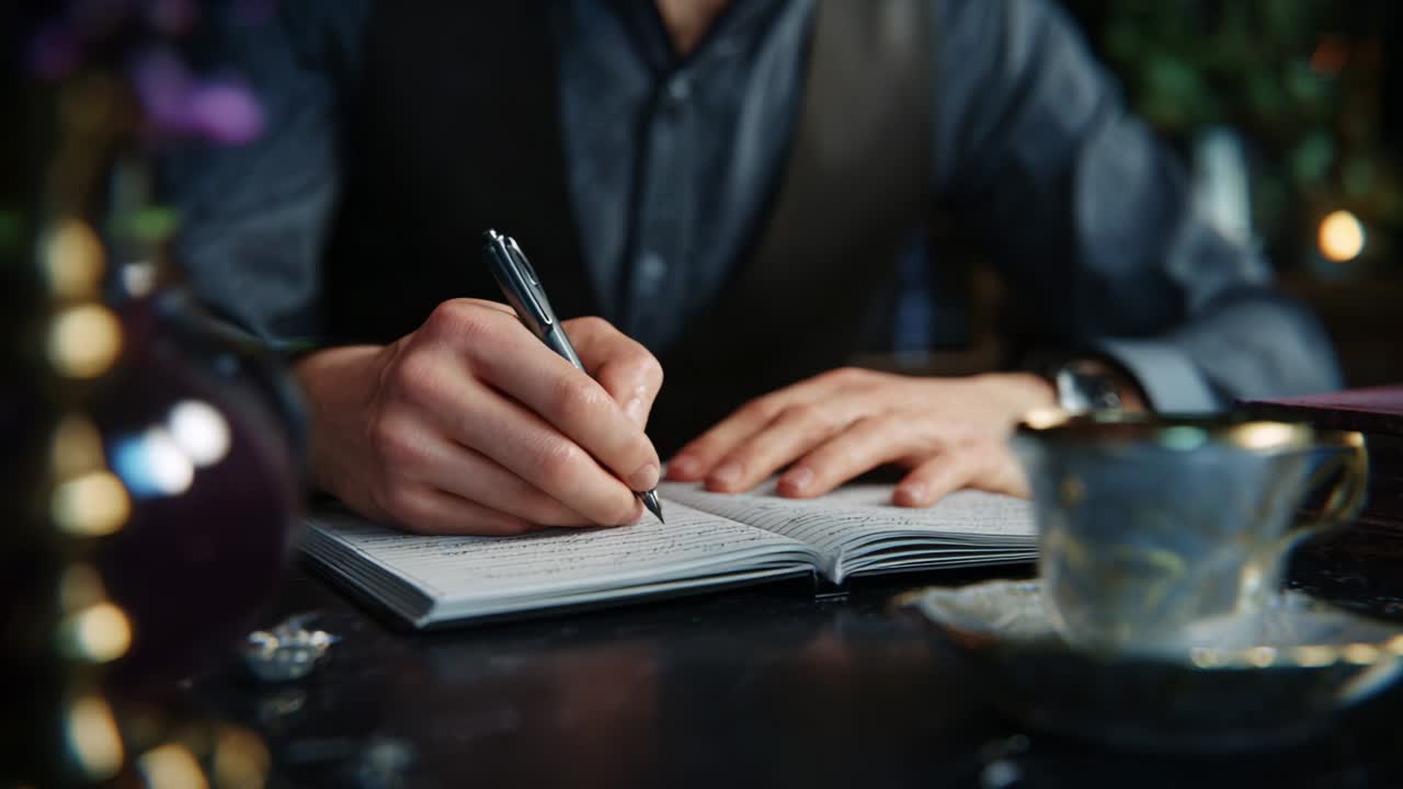 Capturing the Essence of Thought: A Person Engaged in the Act of Writing in a Delicate Notebook, Surrounded by Elegant Objects that Enhance the Serenity of the Artistic Space