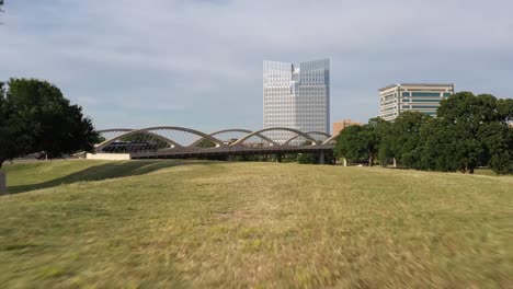 drone footage of downtown fort worth texas and trinity river by 7th street bridge