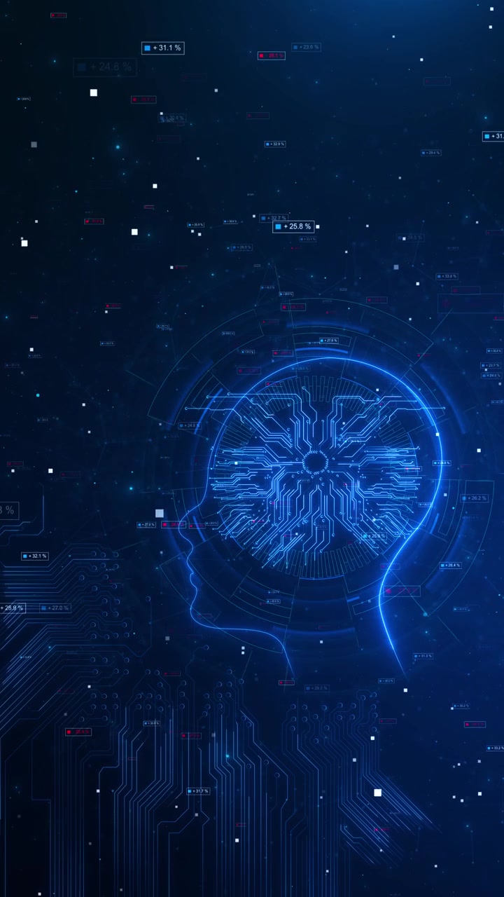 Artificial intelligence mind circuit visual glowing human profile filled electronic pathways data