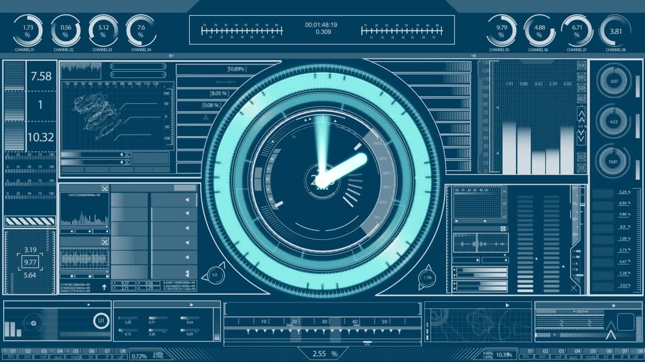 Animation of clock moving fast with data processing and statistics