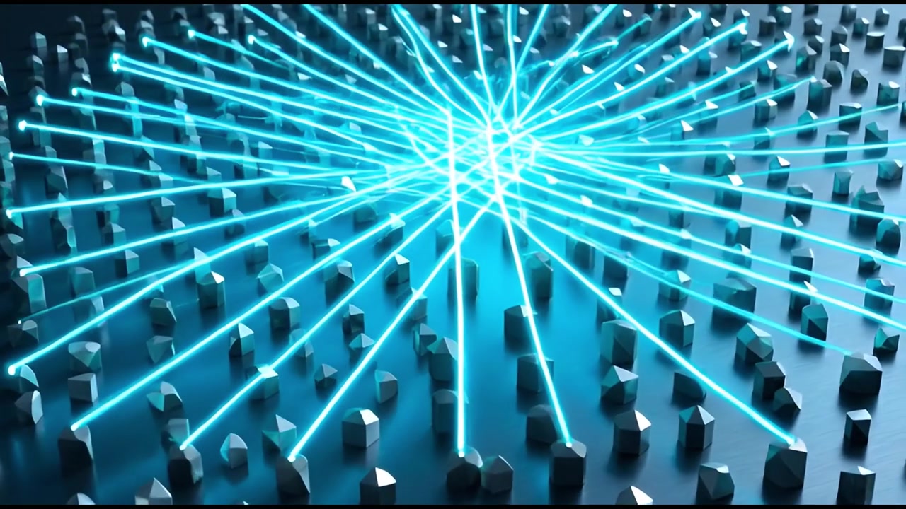 Abstract 3D Animation of Glowing Blue Light Beams Connecting Geometric Structures